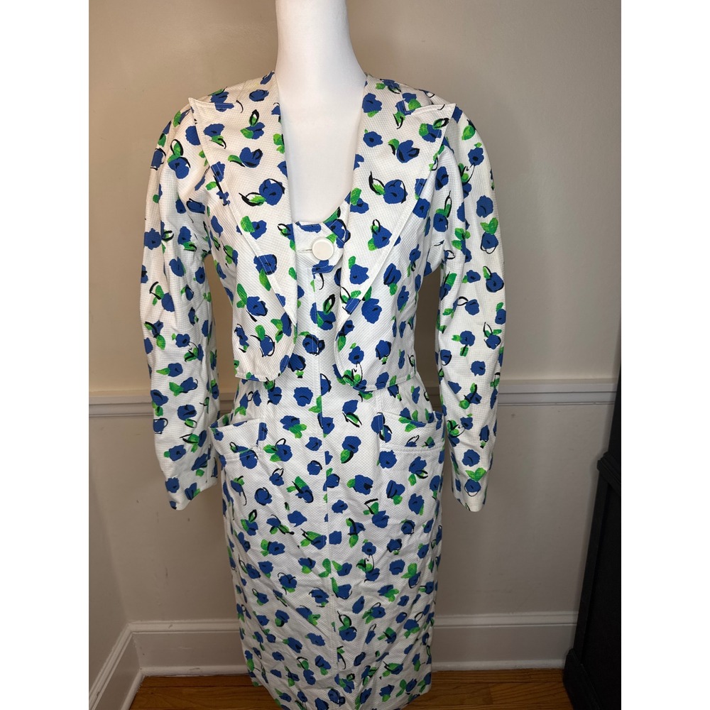 Guy Laroche Dress Set Women 6 White Blue Floral Pique Jacket France vintage 80